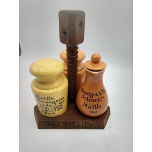 Maille French Ceramic Vinegar & Mustard Jars on Wooden Stand w/wooden spoons